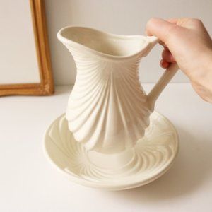 Vintage Art Deco Revival Pitcher / Wash Basin - 1980s Pleated Draping White Cera